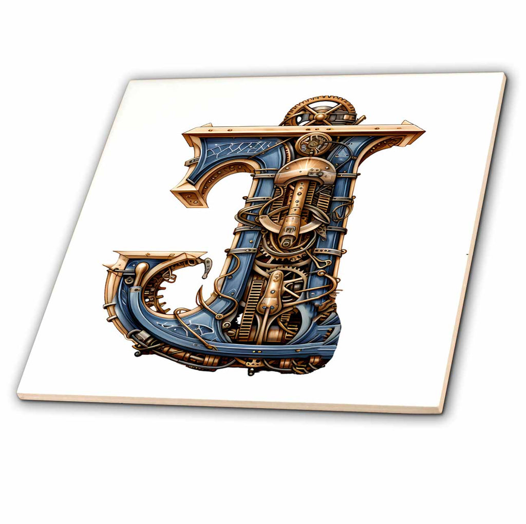 3dRose Steampunk Image of Metal Monogram Initial J - Tiles (ct-383796)