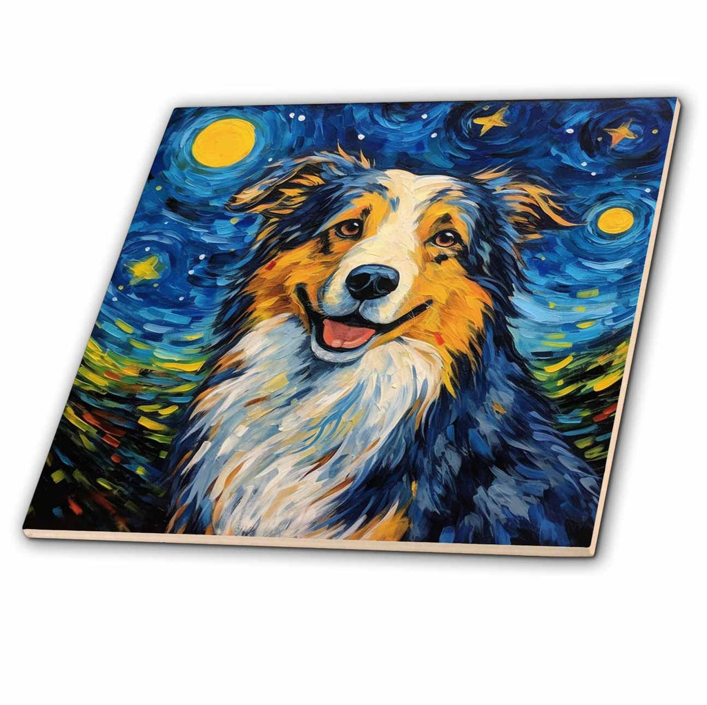3dRose Australian Shepherd Portrait in Post-Impressionism Style - Tiles (ct-383842)