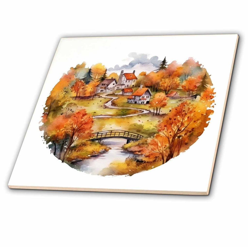3dRose Anne Marie Baugh - Illustrations - Fall Scene In A Circle Illustration - Tiles (ct-384084)