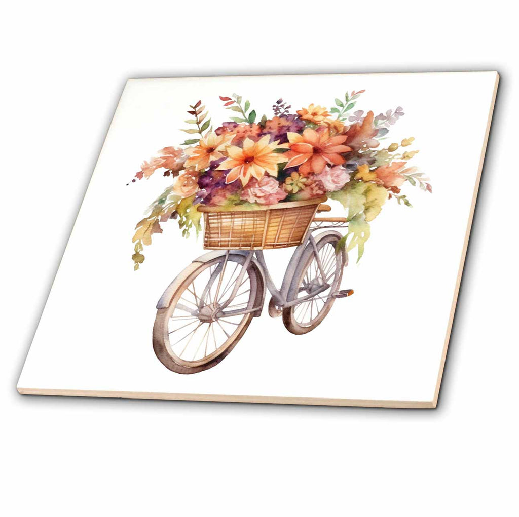 3dRose Fall Floral Basket Bicycle Illustration - Tiles (ct-384086)