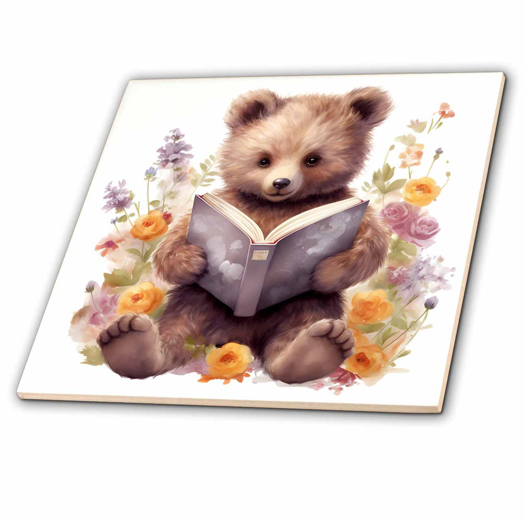 3dRose Cute Floral Bear Reading A Book Illustration - Tiles (ct-384100)