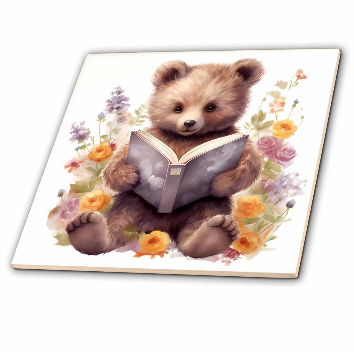 3dRose Cute Floral Bear Reading A Book Illustration - Tiles (ct-384100)