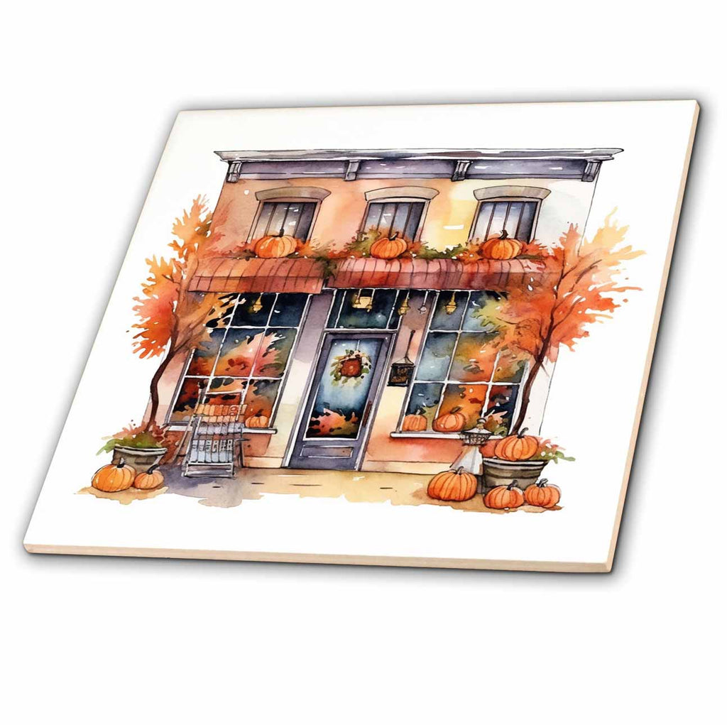 3dRose Anne Marie Baugh - Illustrations - Fall Store Front Illustration - Tiles (ct-384108)
