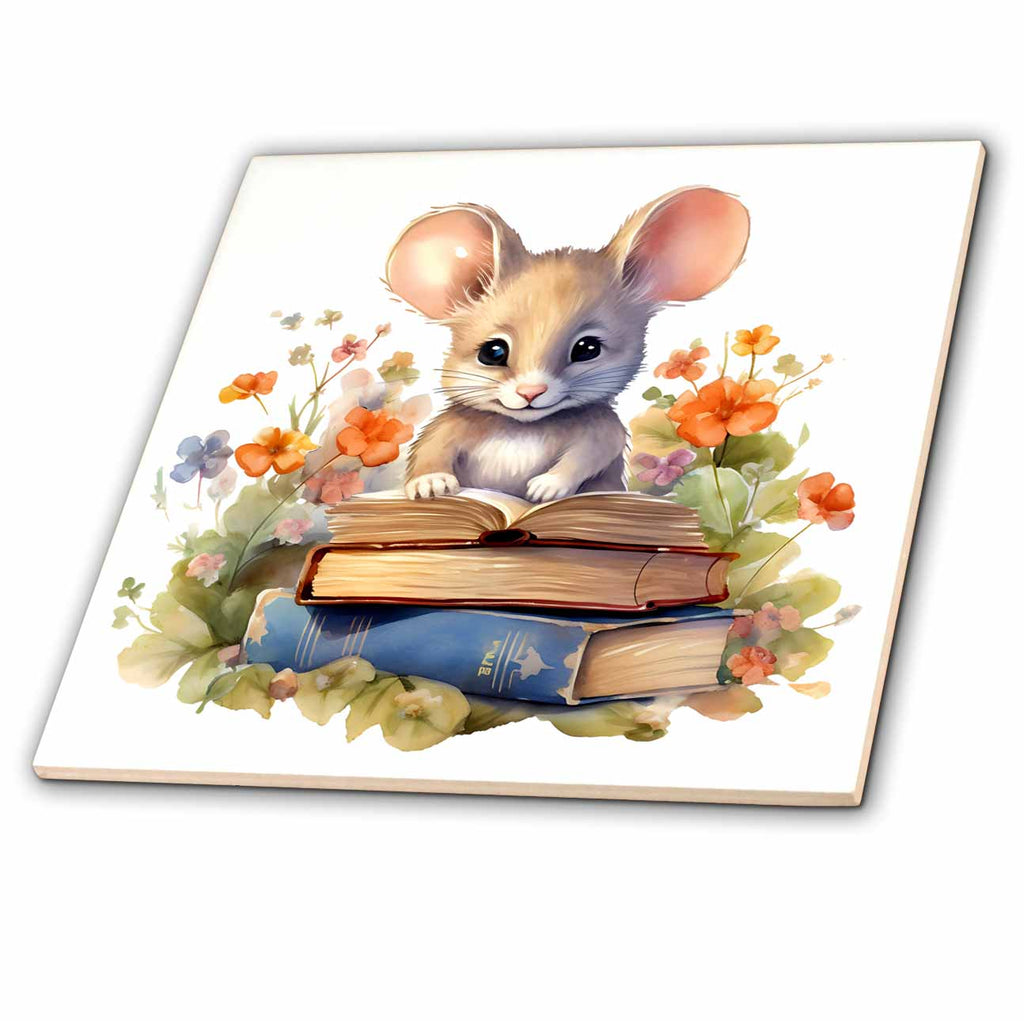 3dRose Cute Floral Mouse Reading Books Illustration - Tiles (ct-384114)