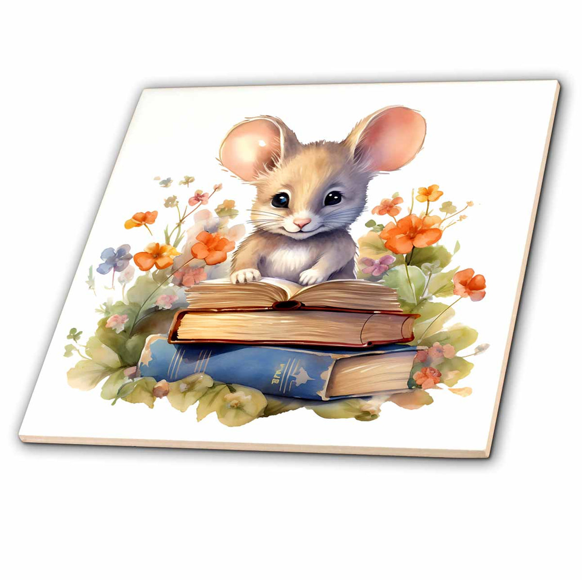 3dRose Cute Floral Mouse Reading Books Illustration - Tiles (ct-384114)