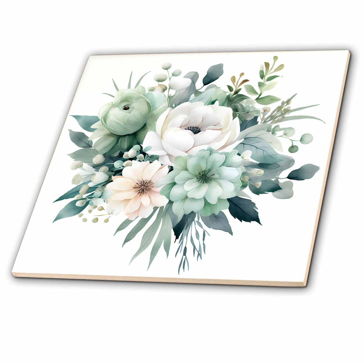 3dRose Pretty Mint Green and White Flower Illustration - Tiles (ct-384120)