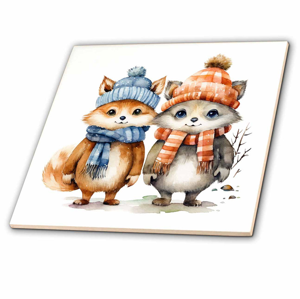 3dRose Cute Winter Forest Animals Illustration - Tiles (ct-384169)