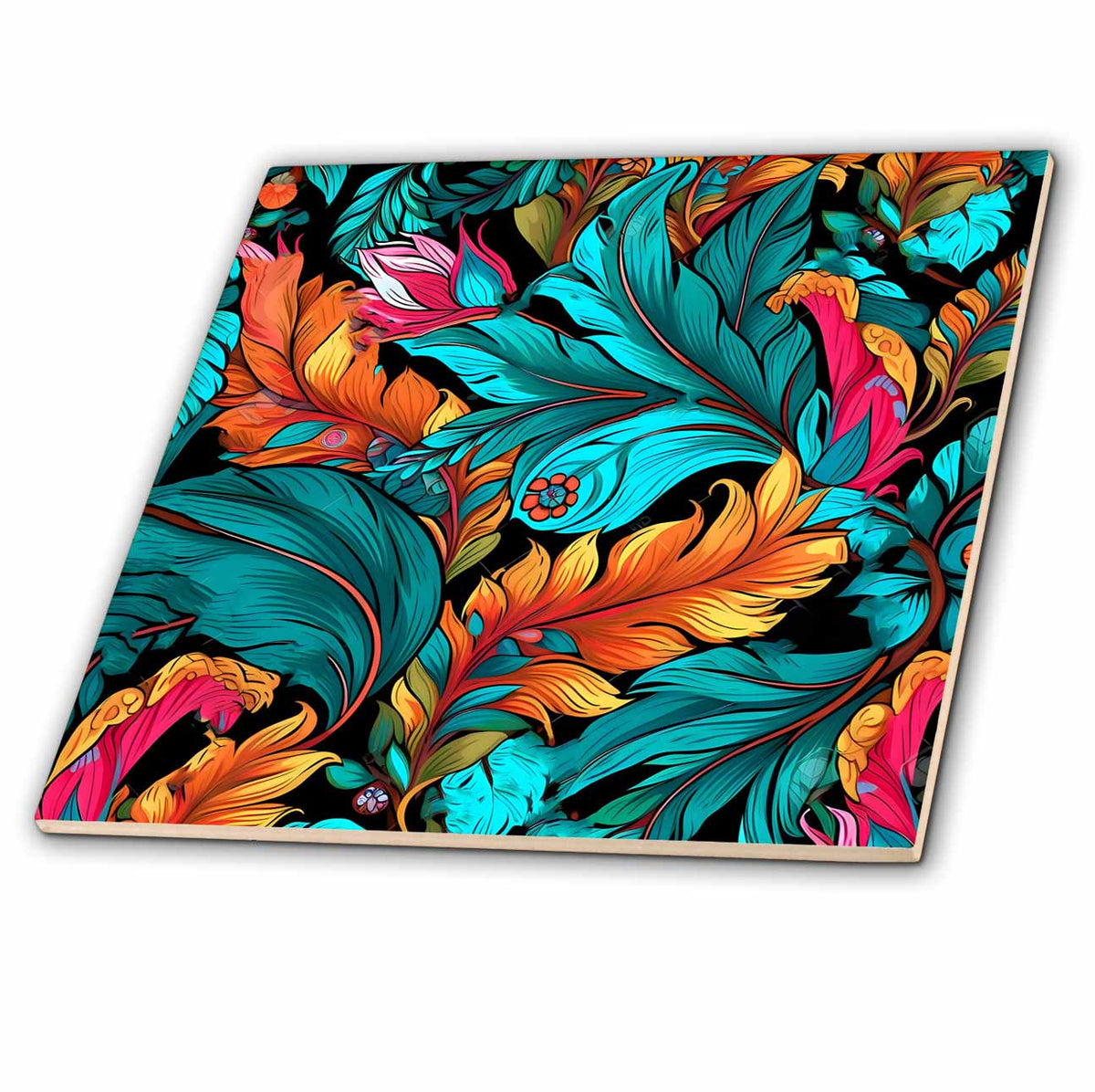 3dRose Bright Teal Orange and Pink Feather Background - Tiles (ct-384230)