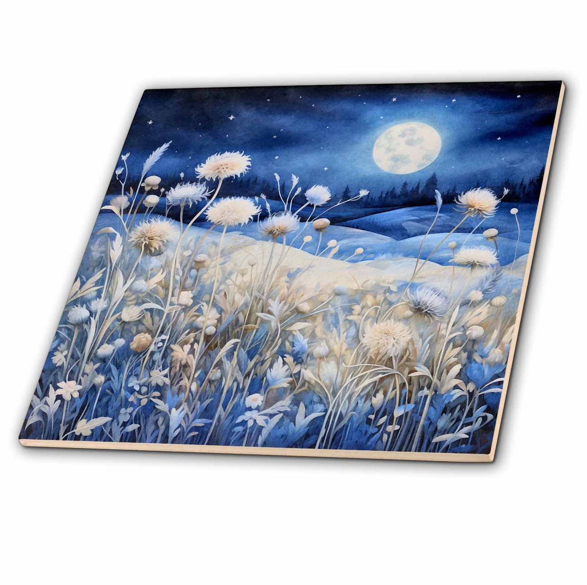 3dRose Blue Full Moon Night Sky and Flowers Background - Tiles (ct-384238)