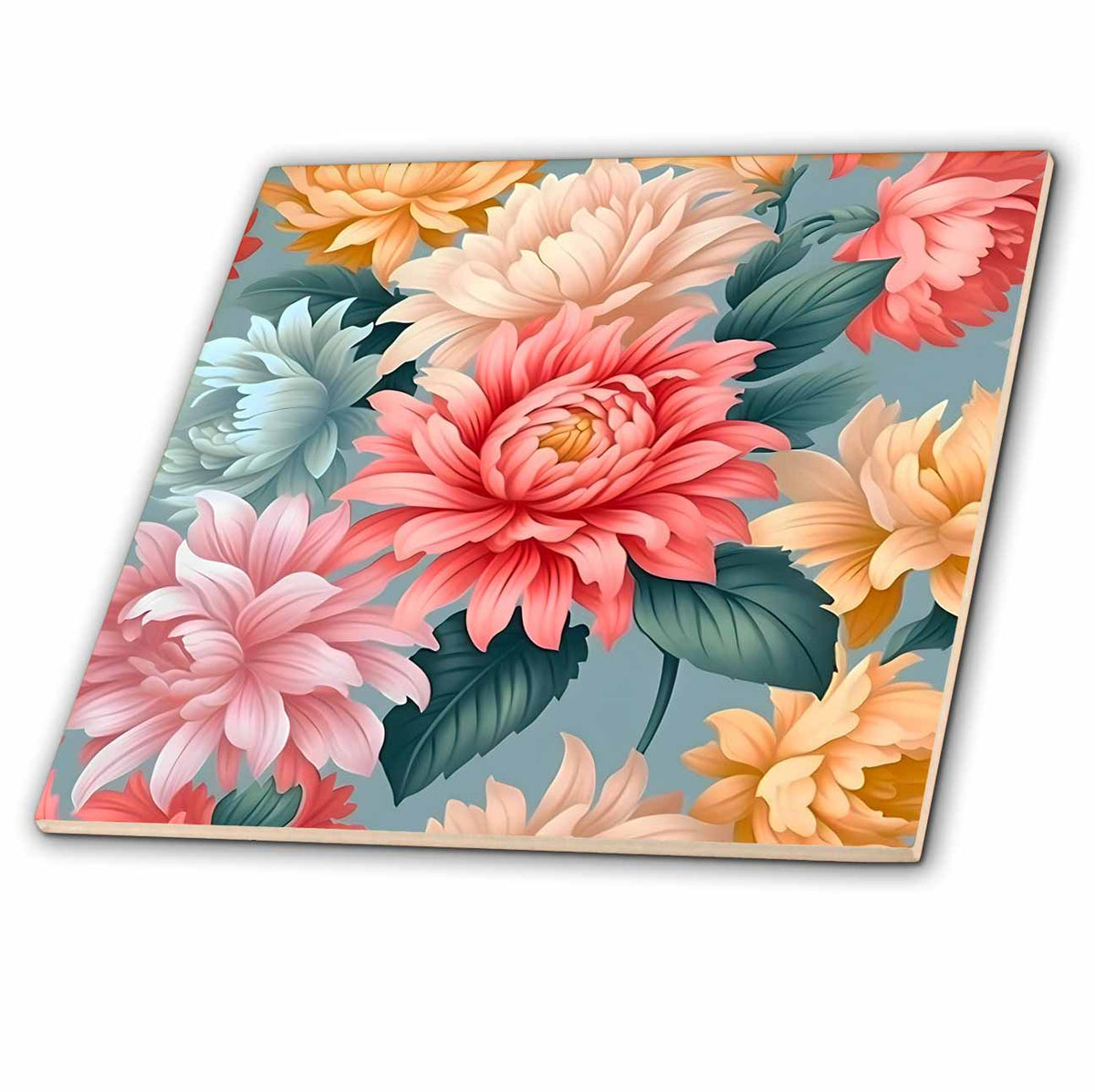3dRose Pretty Coral, Pink, and Aqua Flower Background - Tiles (ct-384245)