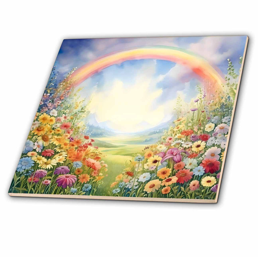 3dRose Pretty Flower Field With A Rainbow Background - Tiles (ct-384271)