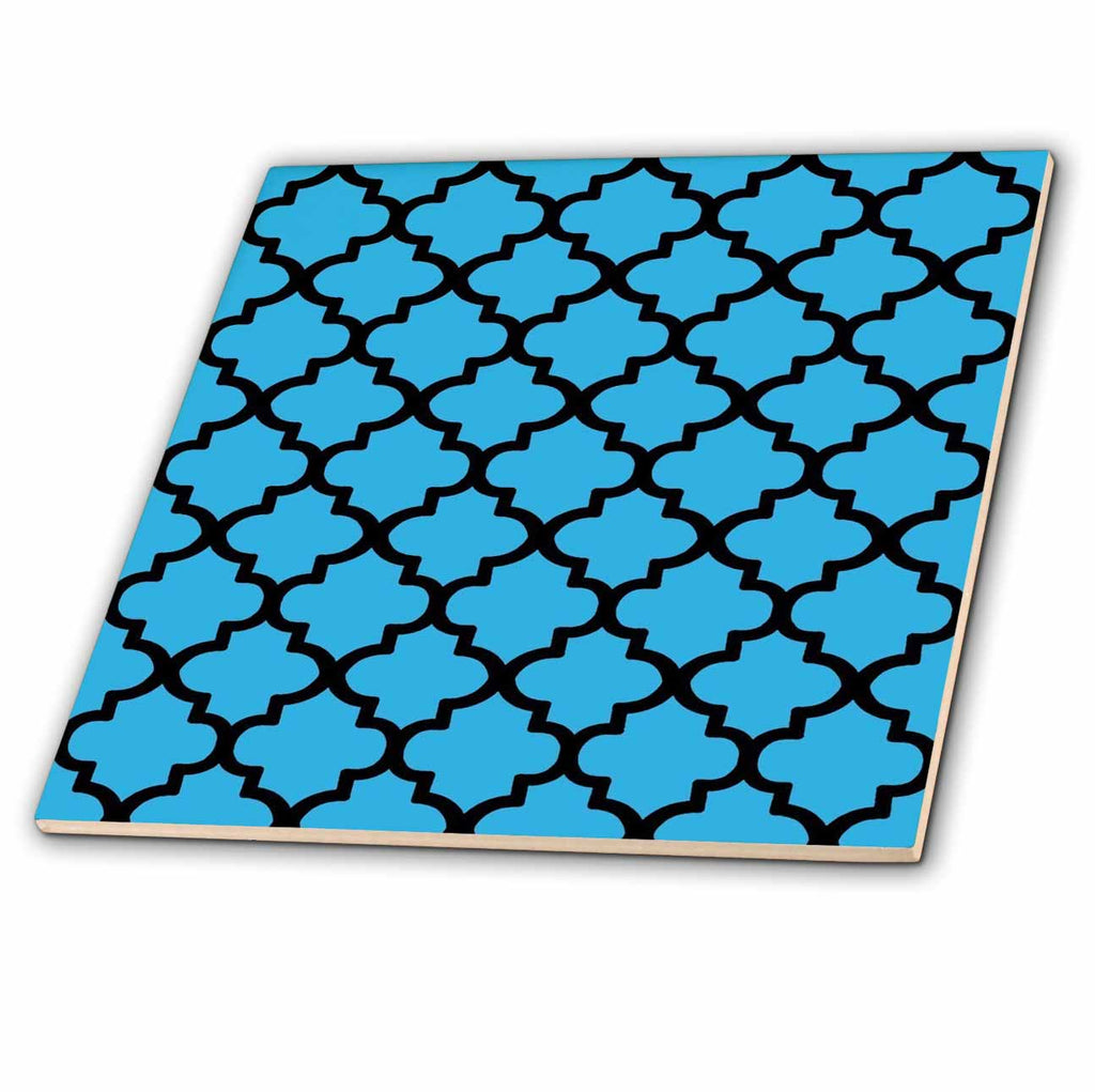 3dRose Quatrefoil Pattern in Black Outline On Blue - Tiles (ct-384282)