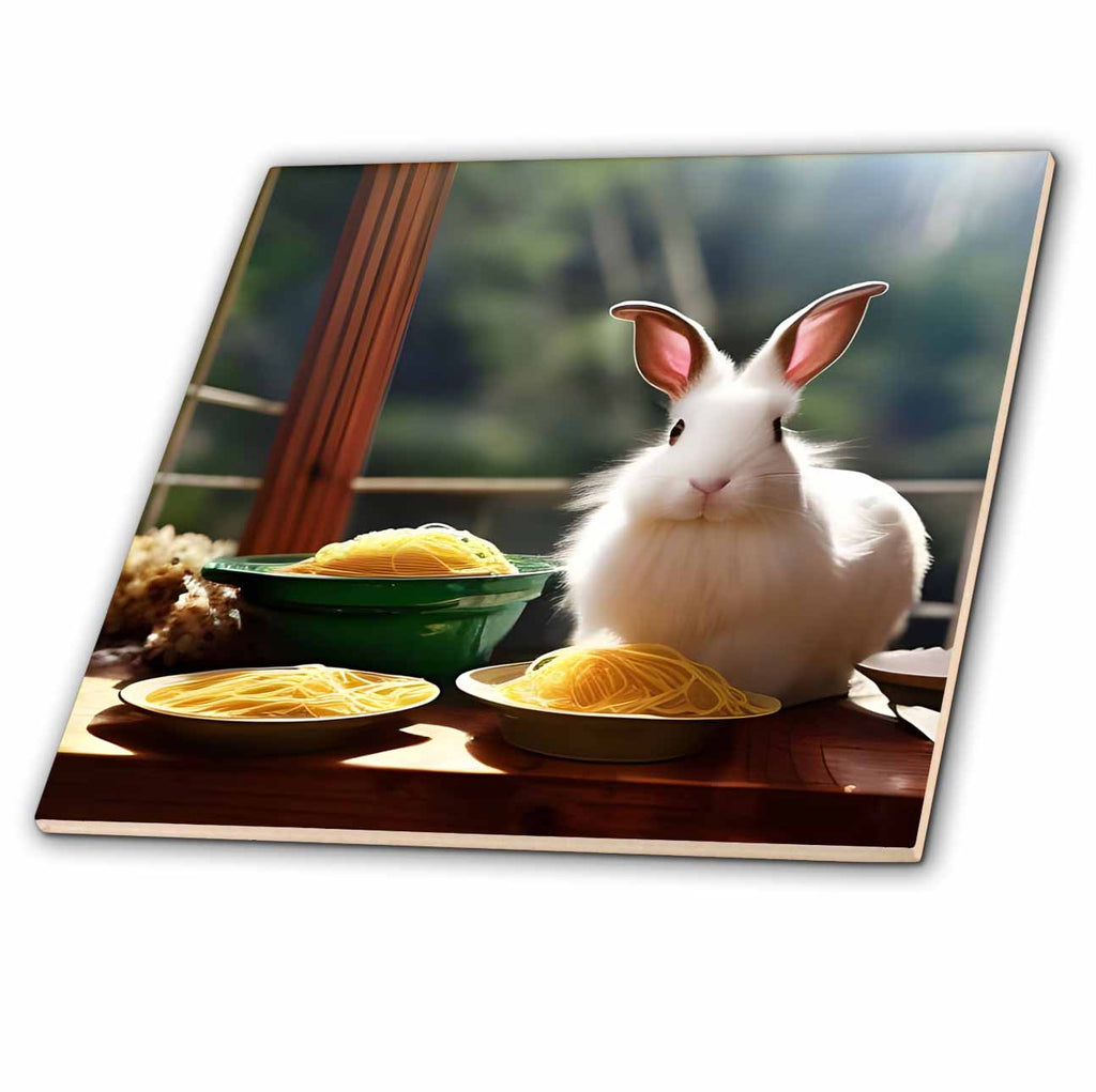 3dRose Cassie Peters AI Generated Art - Rabbit with Spaghetti - Tiles (ct-385150)