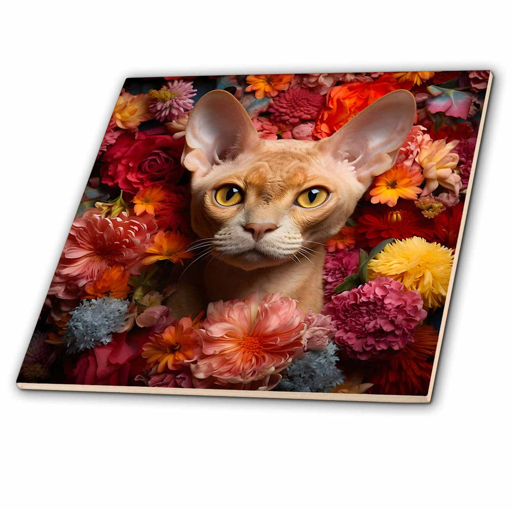 3dRose CR Media - Illustrations - Devon Rex cat with floral background - Tiles (ct-385186)