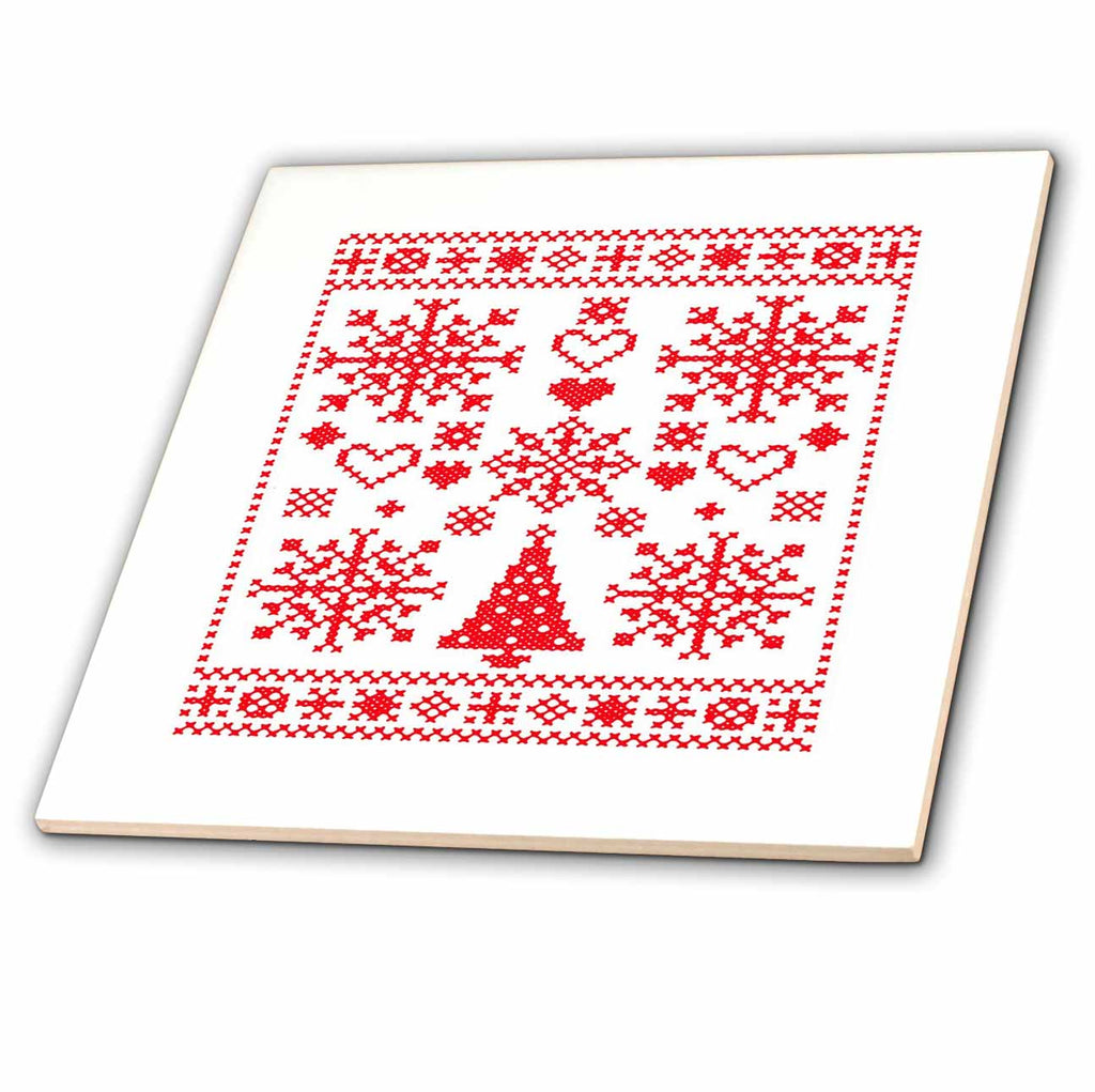 3dRose Christmas Lover Cross Pattern Sampler Artistic Design Red - Tiles (ct-385235)