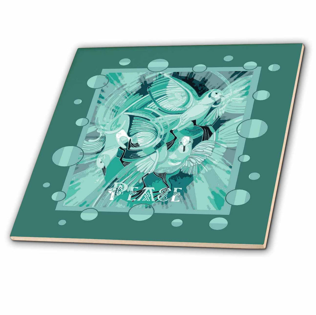 3dRose Dove with Celtic Peace Text in Teal Tones - Tiles (ct-385237)
