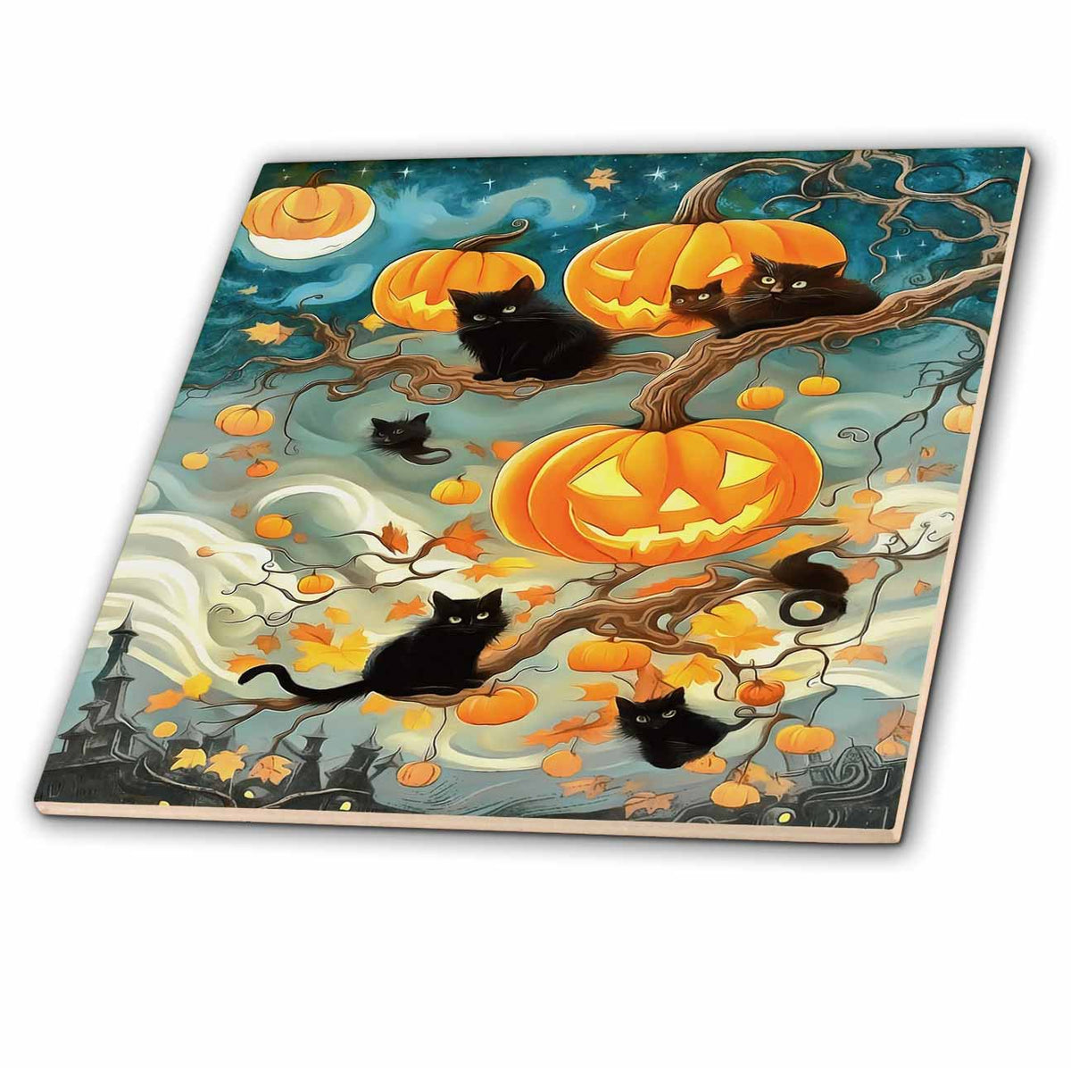 3dRose Halloween Preparation The Black Cat and Pumpkin Patch - Tiles (ct-385262)