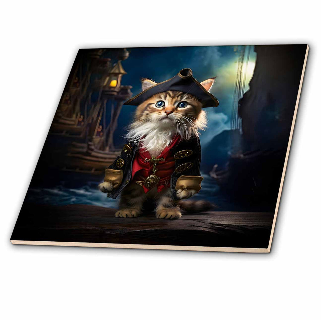 3dRose CR Media - Illustrations - Kitten Dressed as a Pirate Captain - Tiles (ct-385465)
