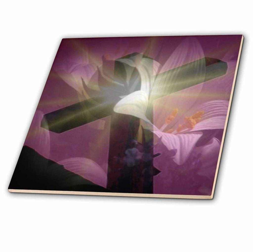 3dRose Sandy Mertens Easter - Christian Cross and Lily - Tiles (ct_42952)