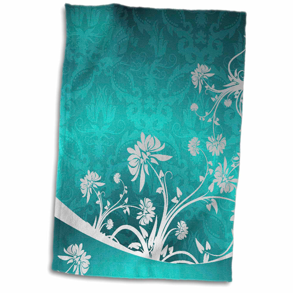 3dRose Gray Flowers On A Turquoise Damask Background - Towels (twl-218034)
