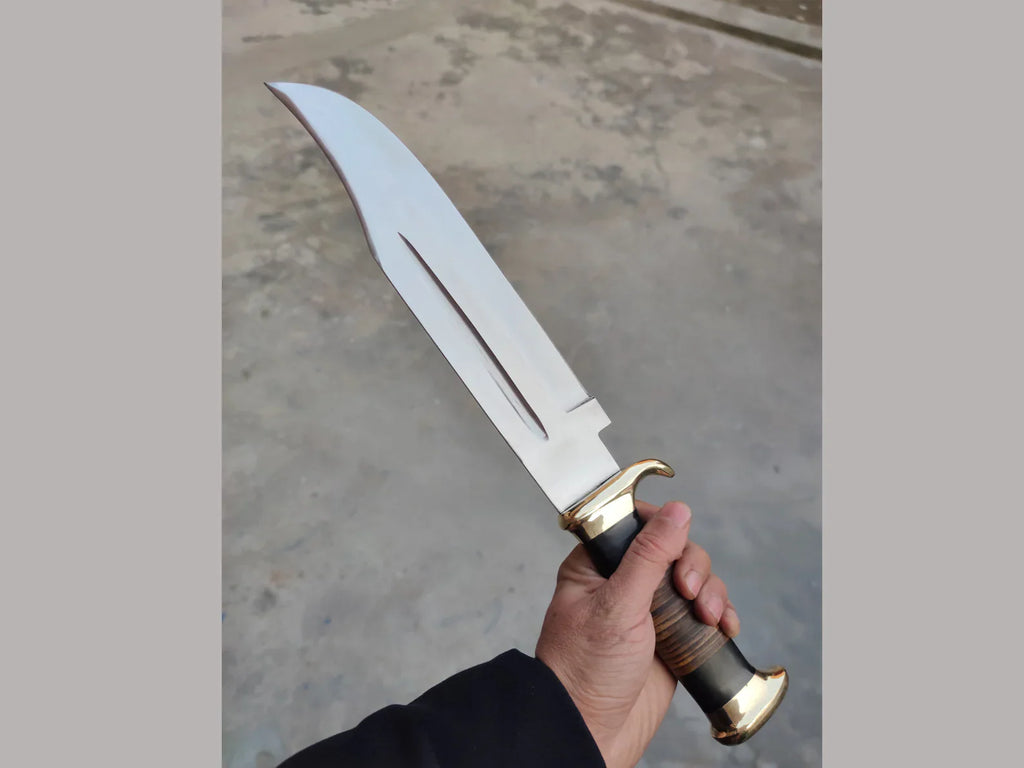 Handmade J2 Steel Crocodile Dundee Bowie Knife – 16” Survival Blade with Buffalo Horn & Leather Handle + Brass Guard & Sheath