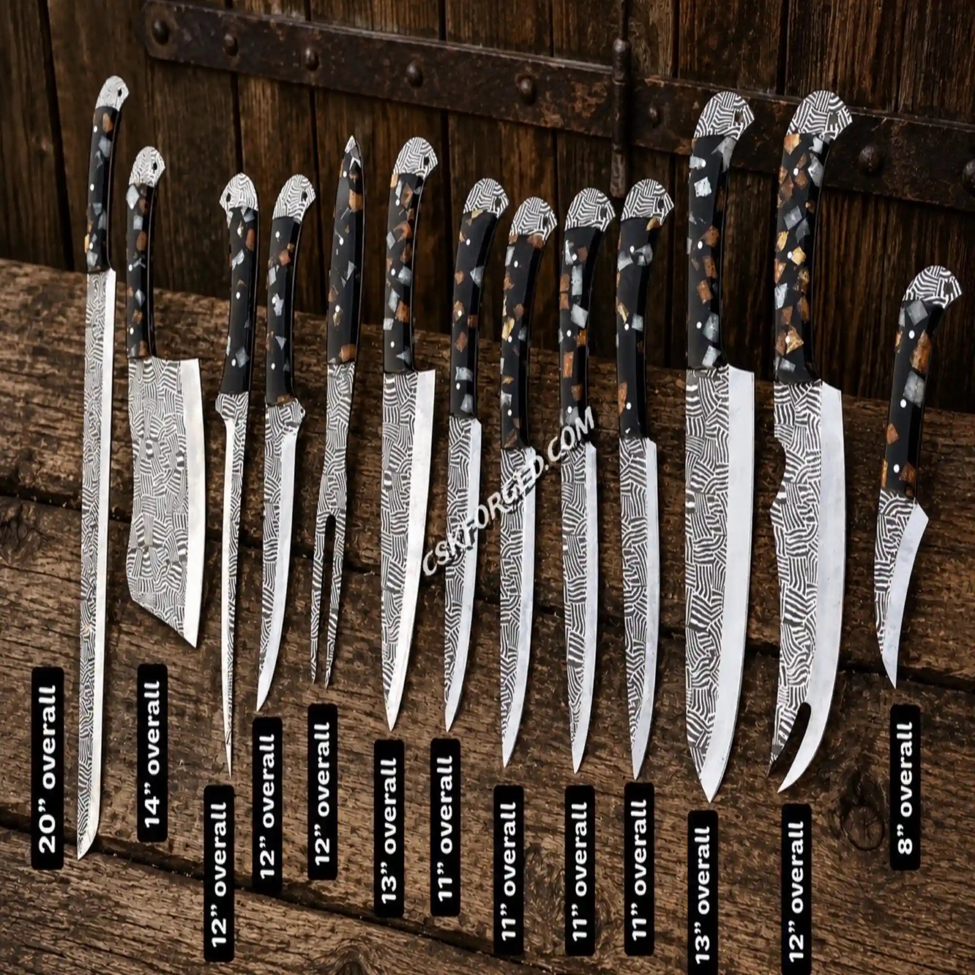 Best Outdoor BBQ Kitchen Knife Set | 13PCS Etched D2 Steel Chef Knives with Epoxy Resin Handles