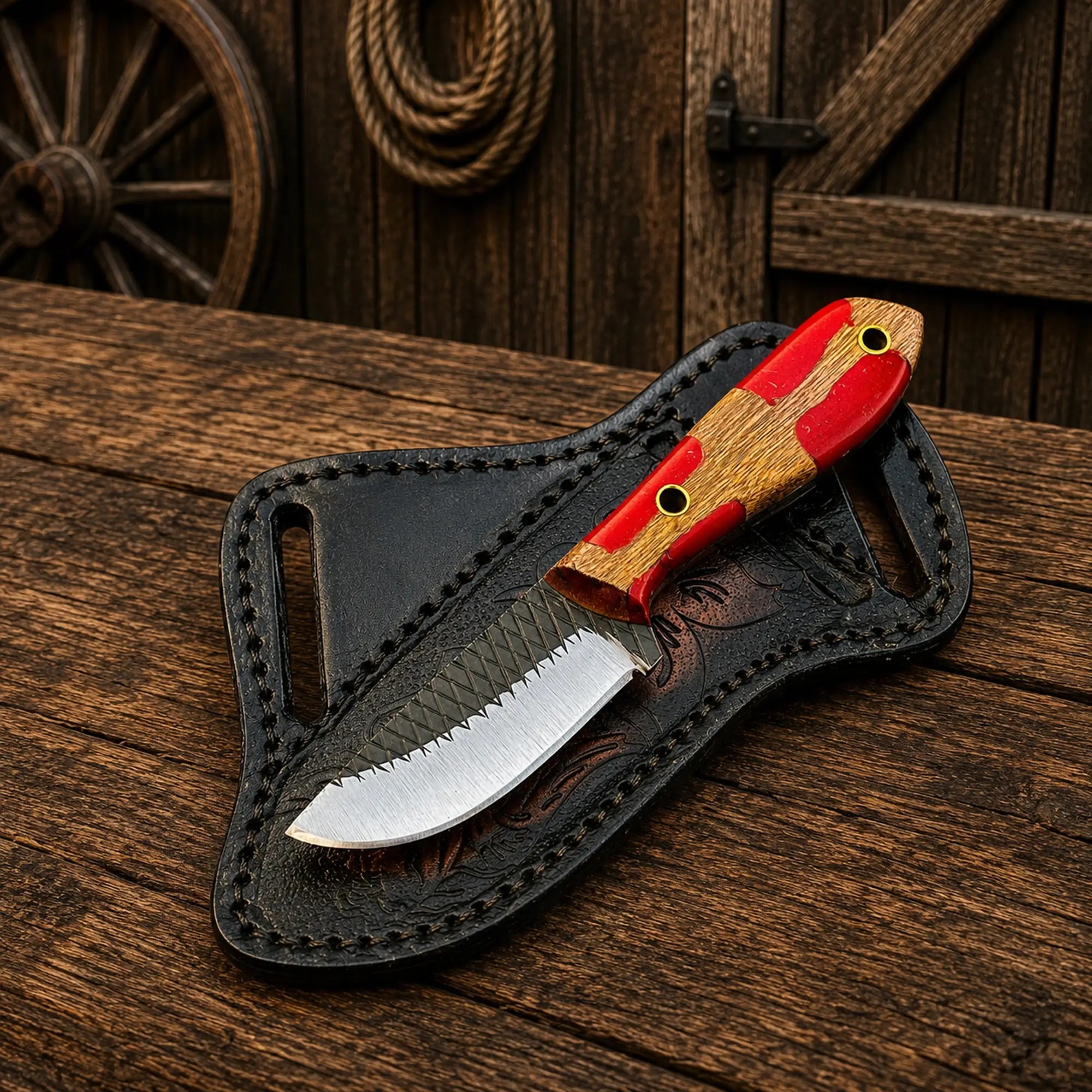 Compact Cowboy Skinning Knife – Rasp Steel with Belt Sheath