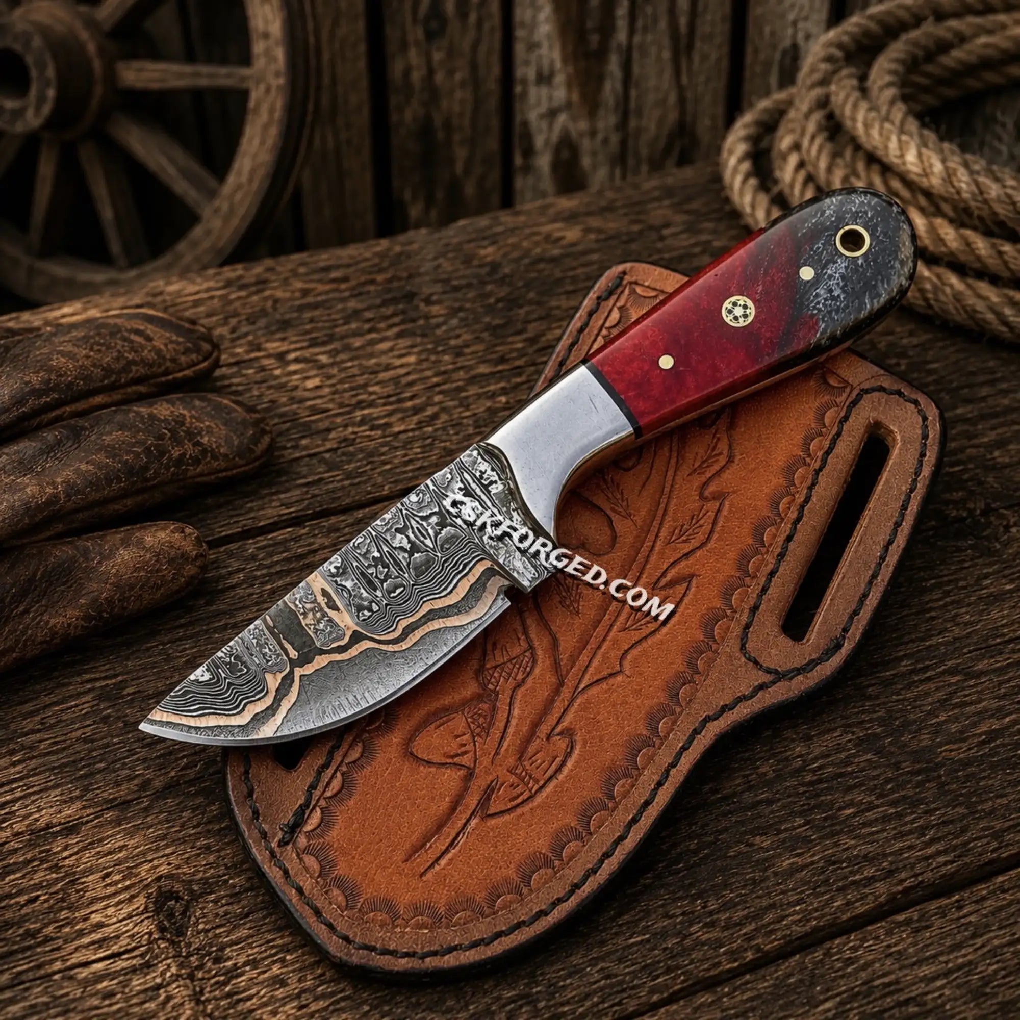 Copper Damascus Ranch Belt Knife – Epoxy Resin Handle & Sheath