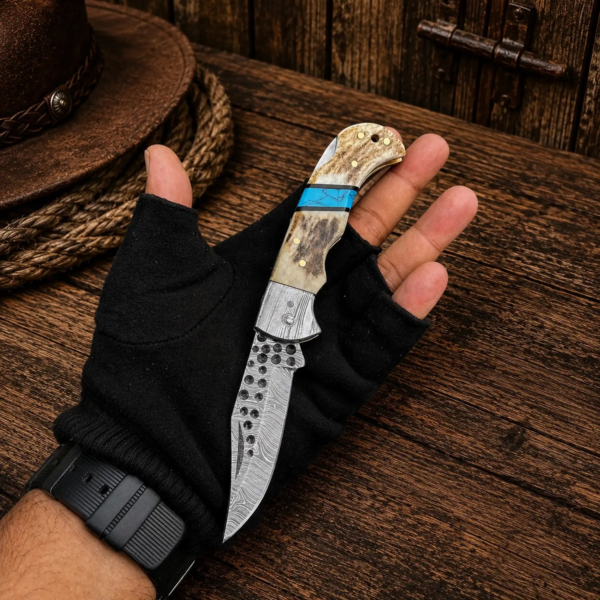 Cowboy Damascus Steel Folding Pocket Knife – Antler & Turquoise Handle