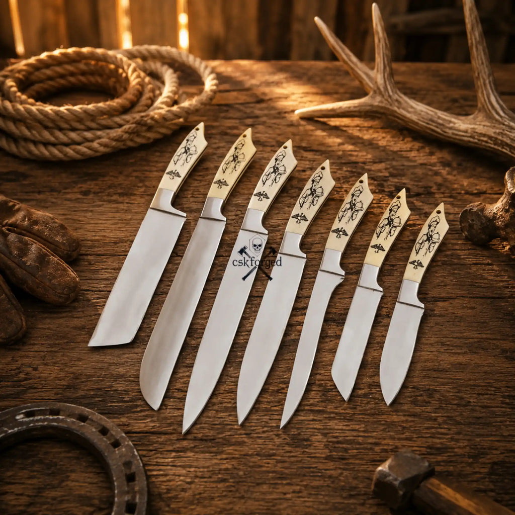 Custom Handmade 7-Piece D2 Steel Chef Knife Set – Camel Bone Handles