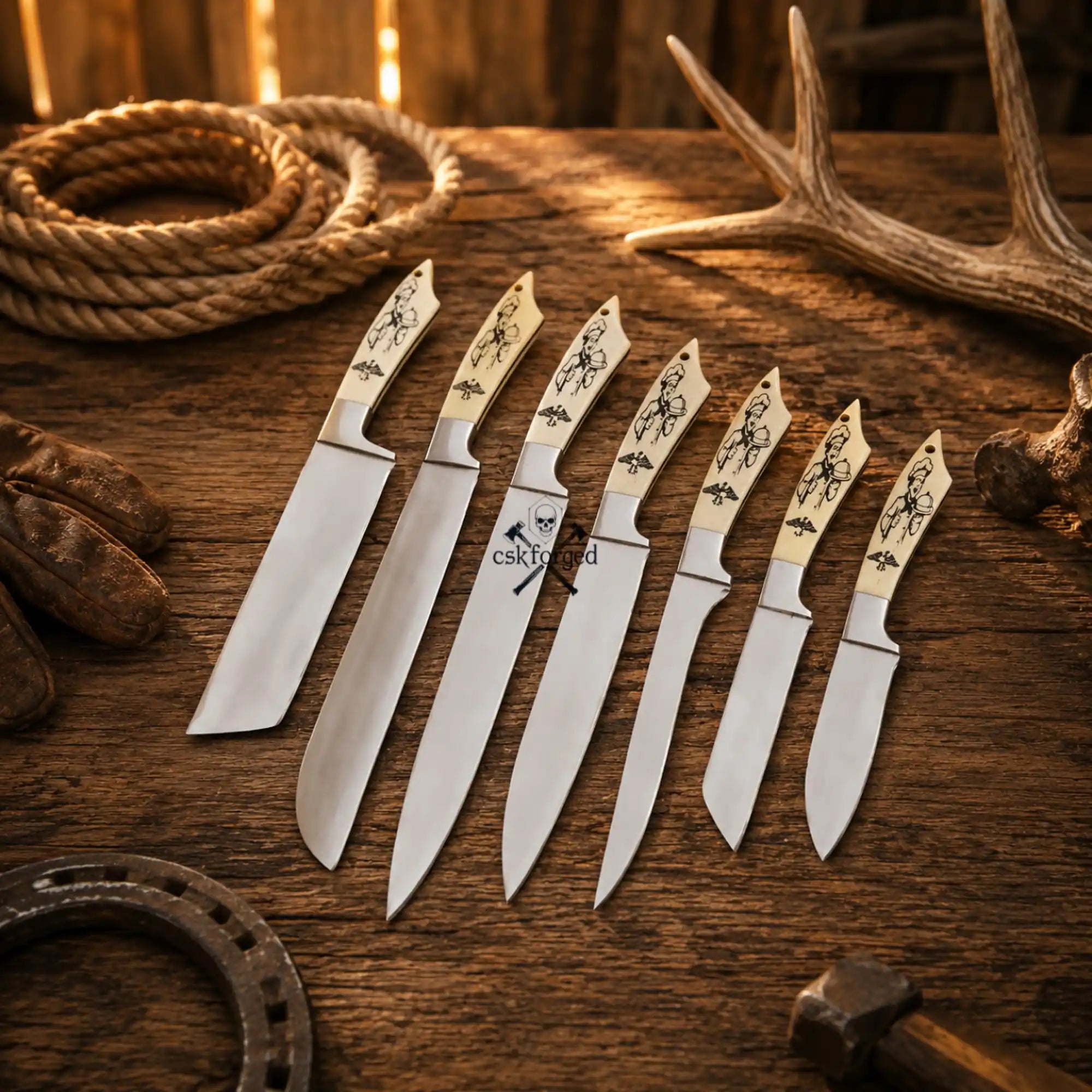 Custom Handmade 7-Piece D2 Steel Chef Knife Set – Camel Bone Handles