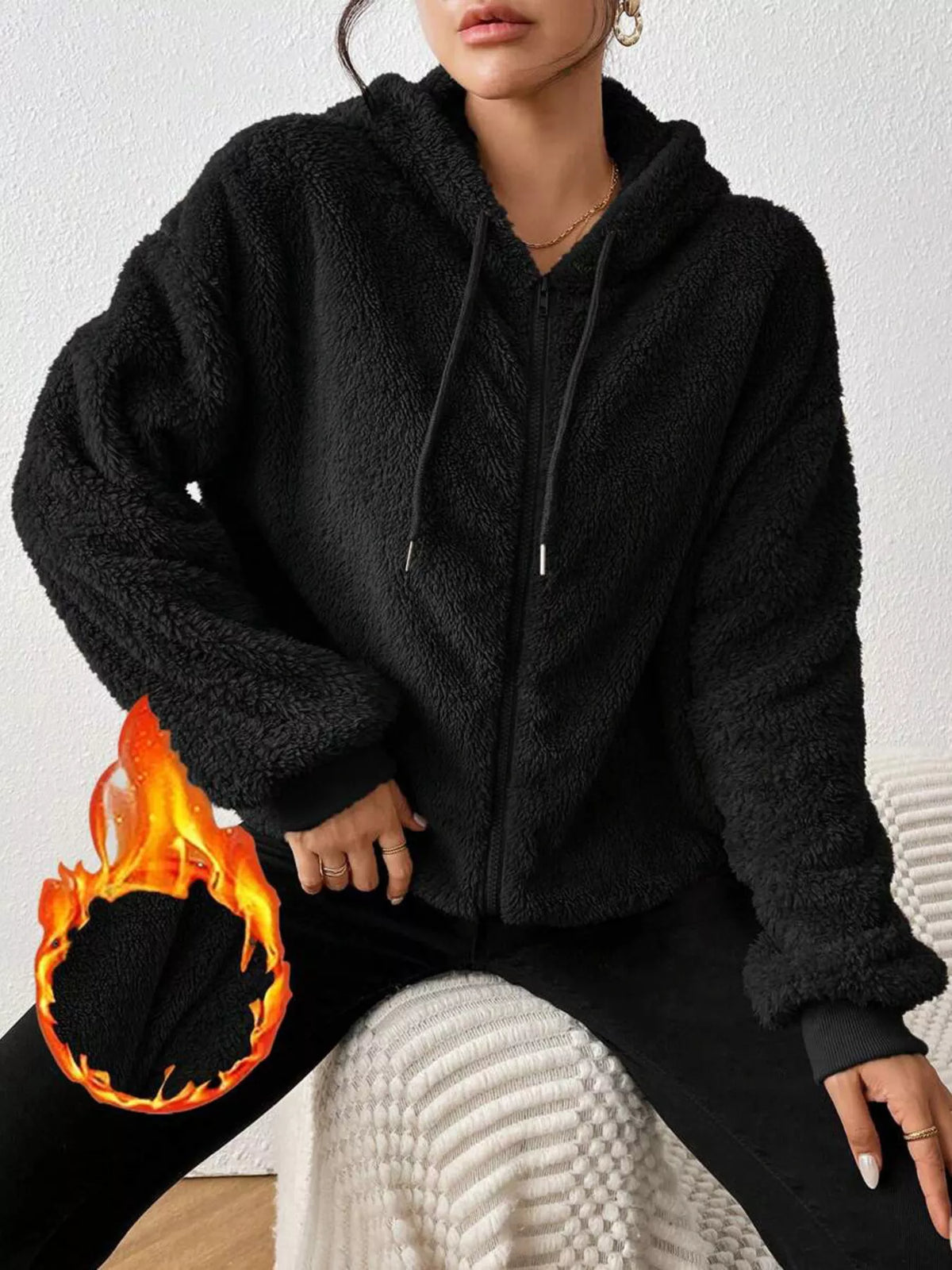 Zip-Up Plush Hooded Outerwear