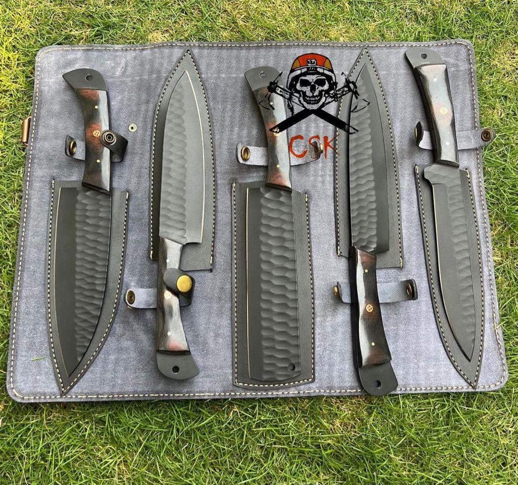 5 pieces custom made d2 steel Black coated chef knives set