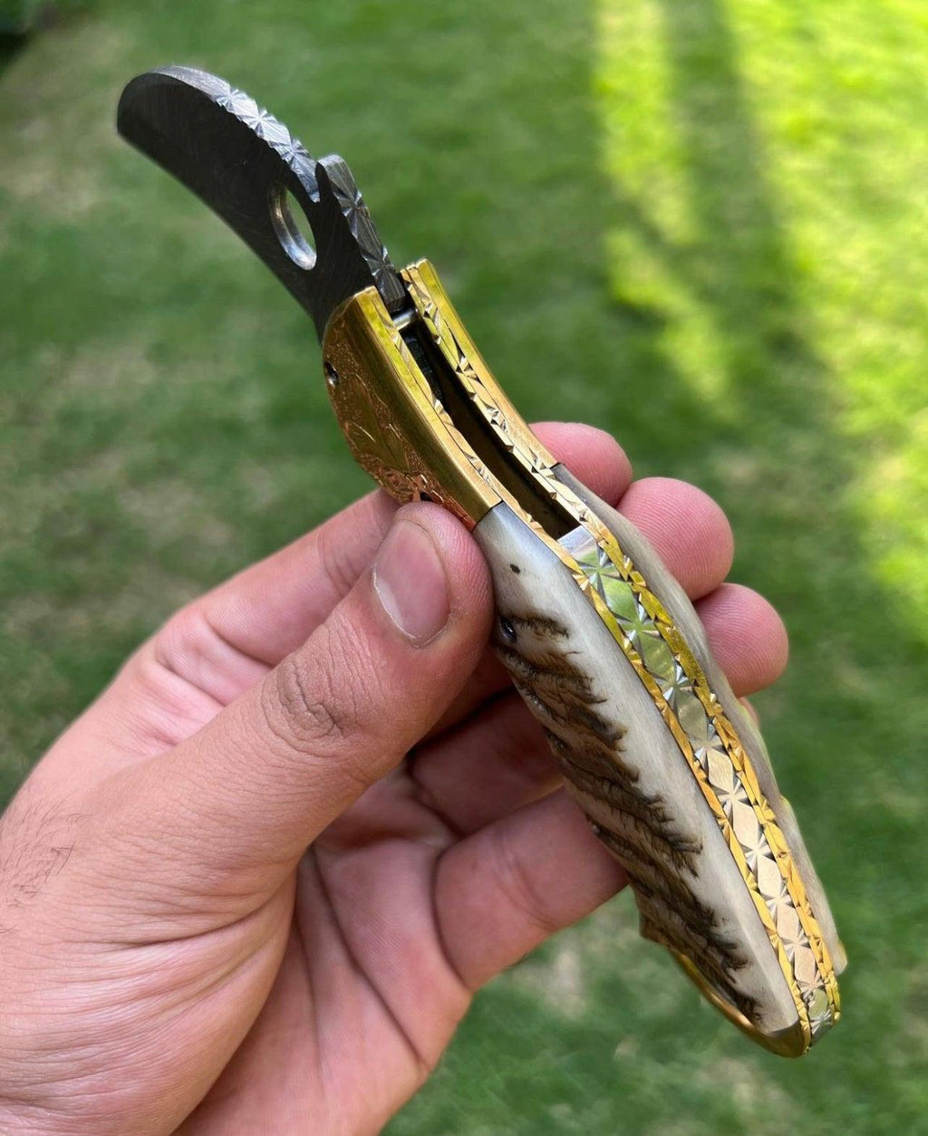 Custom Handmade Damascus Folding Pocket Knife With Karambit Design
