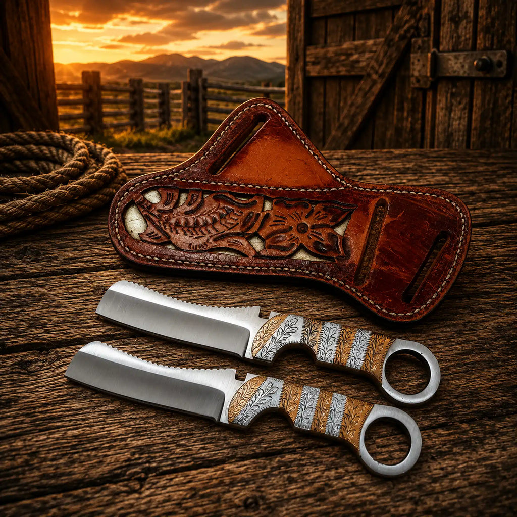 Cowboy Bull Cutter Knife – D2 Steel Blade Copper Engraved Handle