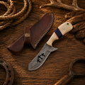 Handmade Damascus Cowboy Skinning Knife – Bone Handle with Resin Inlay