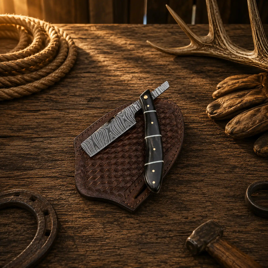 Handmade Damascus Steel Straight Razor Folding Knife – Buffalo Horn Handle