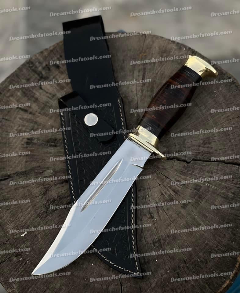 Custom Handmade 13" D2 Steel Hunting Bowie Knife with Leather Handle, Brass Guard, and Leather Sheath