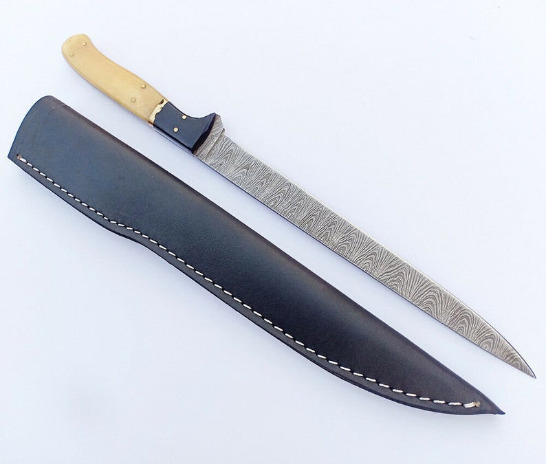 Custom Handmade Damascus Steel Fishing Fillet Knife – 13” with Bone and Buffalo Horn Handle, Sharp Edge Blade, and Leather Sheath