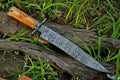 Custom Handmade Damascus Steel Hunting Bowie Knife - 15" Blade, Damascus Steel Guard, Bone Handle, with Leather Sheath