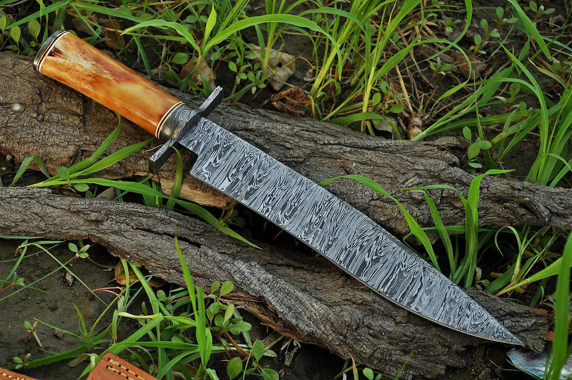 Custom Handmade Damascus Steel Hunting Bowie Knife - 15" Blade, Damascus Steel Guard, Bone Handle, with Leather Sheath