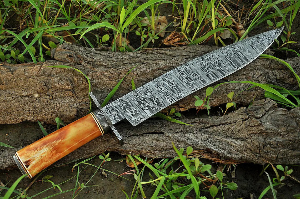 Custom Handmade Damascus Steel Hunting Bowie Knife - 15" Blade, Damascus Steel Guard, Bone Handle, with Leather Sheath
