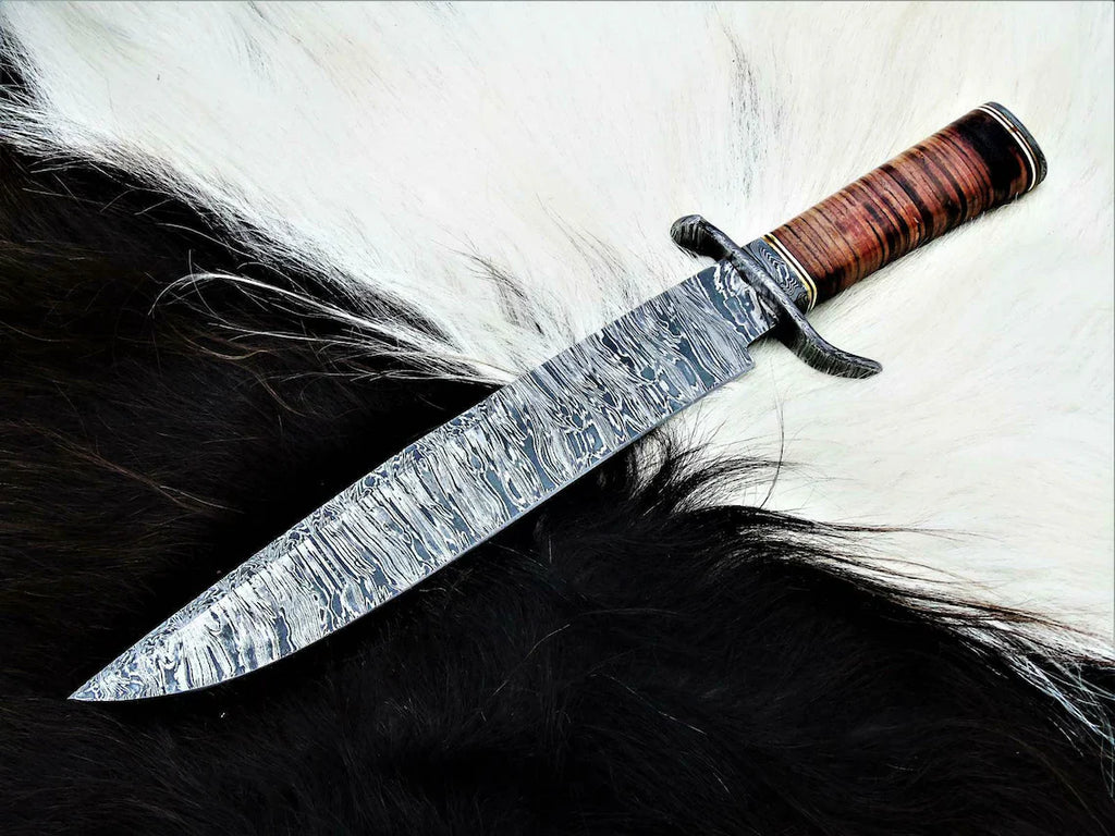 Exquisite Custom Handmade Damascus Steel Hunting Bowie Knife - 15" Blade, Damascus Steel Guard, Premium Leather Handle & Sheath