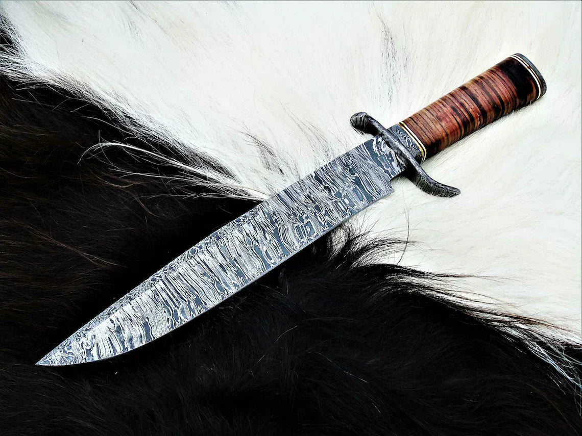 Exquisite Custom Handmade Damascus Steel Hunting Bowie Knife - 15" Blade, Damascus Steel Guard, Premium Leather Handle & Sheath