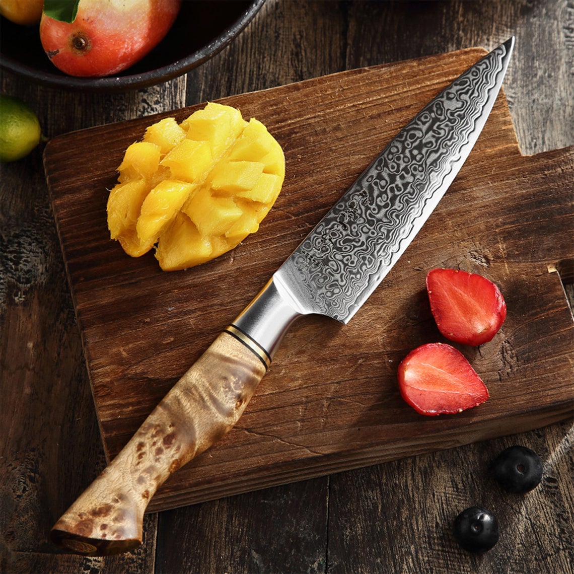 Custom Handmade Damascus Japanese Knife – 13” with Olive Wood Handle, Steel Bolster & Leather Roll