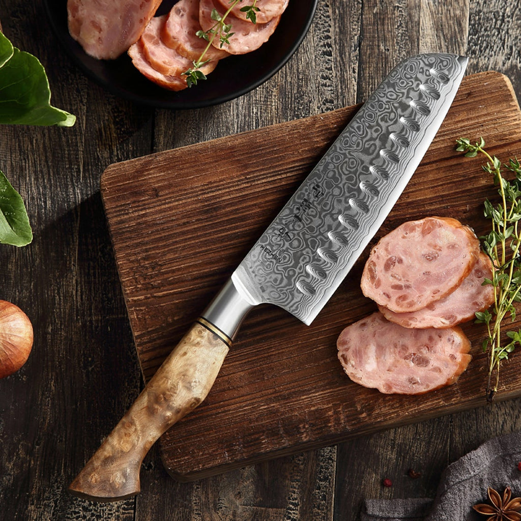 Custom Handmade Damascus Japanese Knife – 13” with Olive Wood Handle, Steel Bolster & Leather Roll