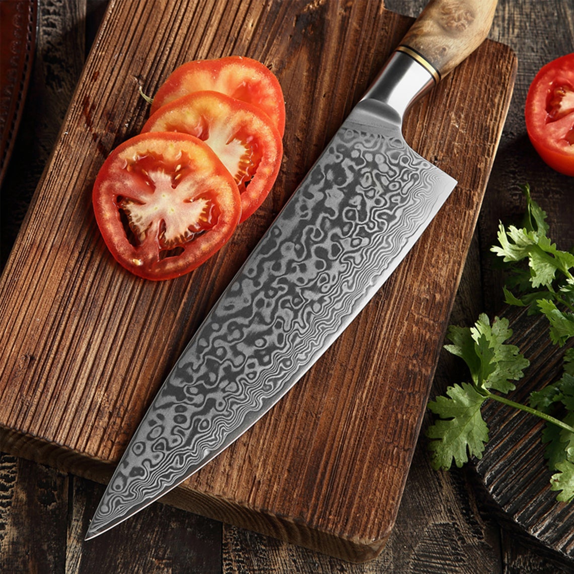 Custom Handmade Damascus Japanese Knife – 13” with Olive Wood Handle, Steel Bolster & Leather Roll