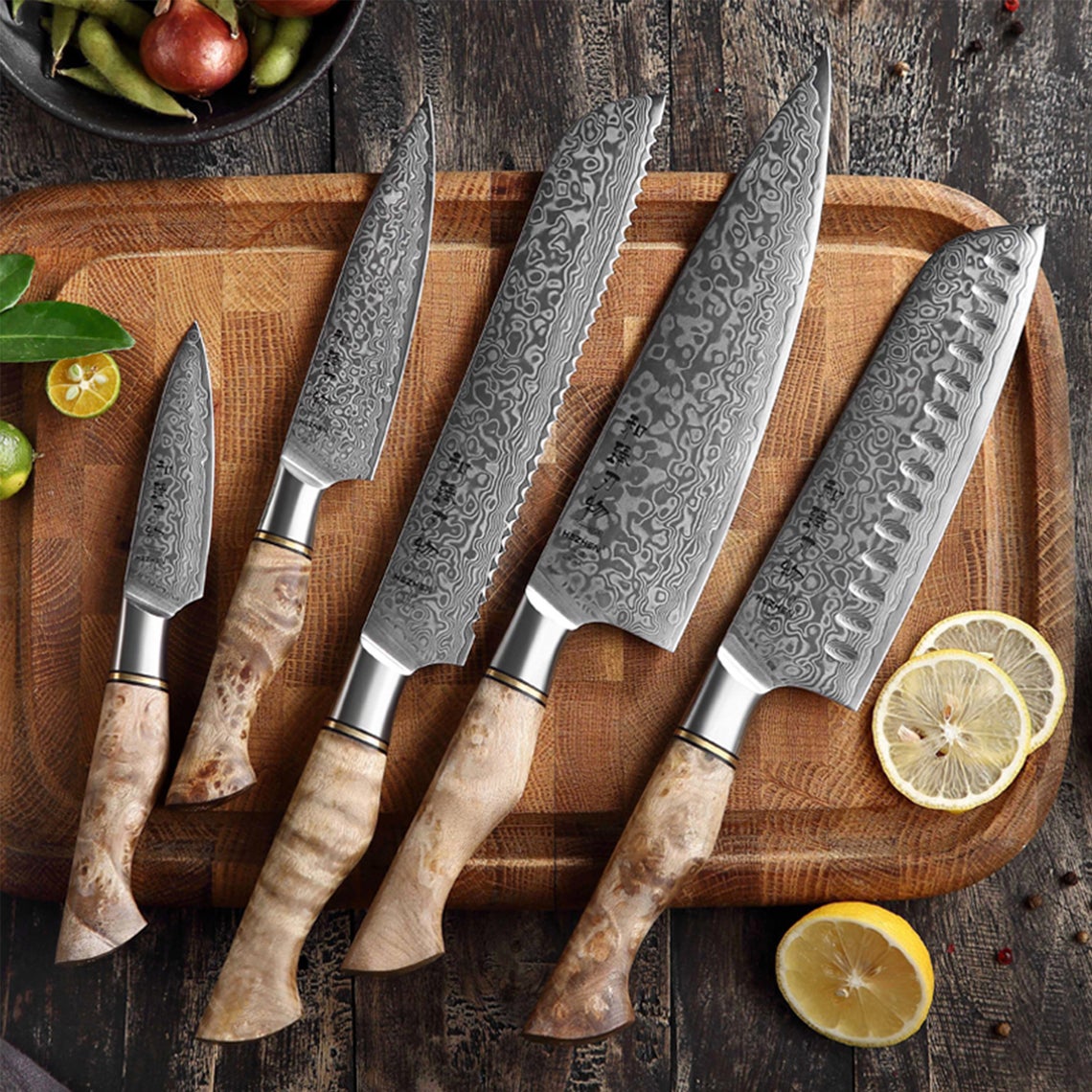 Custom Handmade Damascus Japanese Knife – 13” with Olive Wood Handle, Steel Bolster & Leather Roll