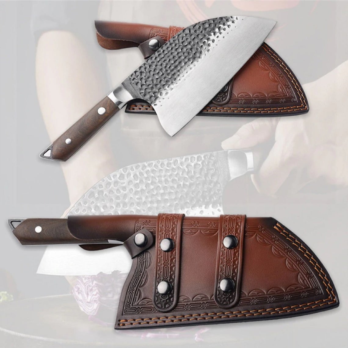 Custom Handmade Kitchen Cleaver Knife – 11” J2 Hand-Forged Steel Blade with Rosewood Handle & Steel Bolster | Leather Sheath Included