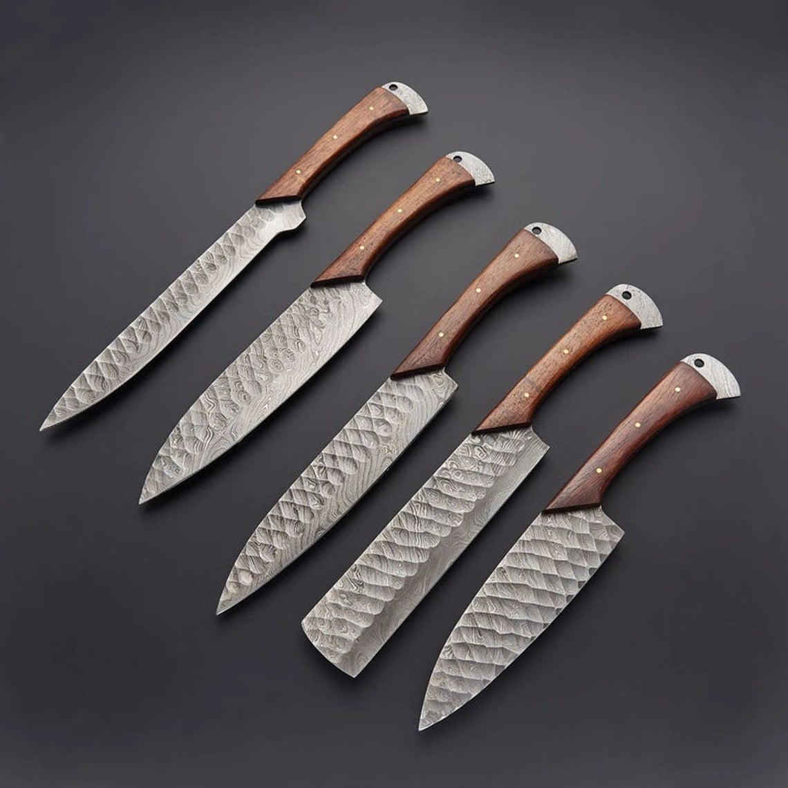 Premium Custom Handmade Damascus Kitchen Knives Set – Rosewood Handles & Leather Roll Kit